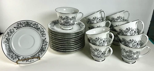 Noritake Set of 12 Cup Saucer Geneva 6910 Black White Silver Trim (24 Pieces)