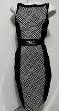 Black White Plaid Sheath Dress Sleeveless Boat Neck Belt Knee Length