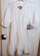 Vince Camuto Dress Size 6 White Eyelet Design Side Pockets Tie Tassels $ 148