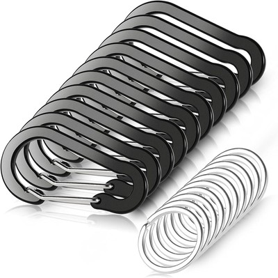 10 PCS Mini Carabiner Clips with Key Rings Aluminum D Shape Large, Black 