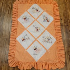 Handmade Embroidered Honey Bees Ruffled Baby Quilt Crib Gingham Orange 38"X54"