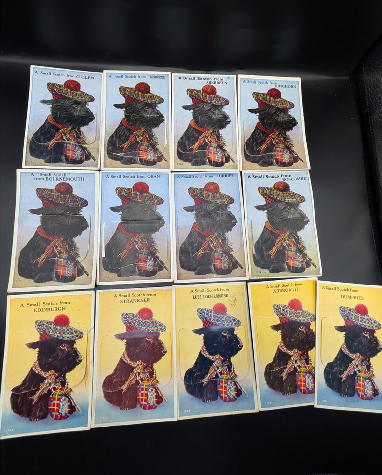 A set of 13 antique fold-out novelty postcards featuring Scottish Terriers with punny 'A Small Scotch' booze humor — a genuinely rare, conversation-starting paper ephemera find.