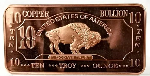 COPPER BUFFALO Bar Ten Troy Ounce Investment BULLION Bar 10 Oz 325g .999 PURE Cu