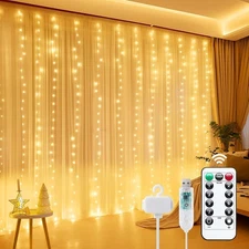 Minetom Curtain Lights, 300 LED Dimmable Fairy Lights with 1 Pack, Warm White 