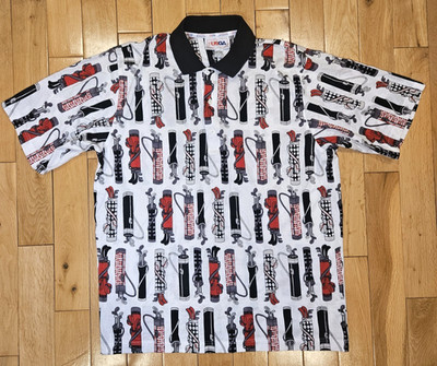 Vintage SLAZENGER USGA Golf Bag Clubs All Over Print Collared Polo Shirt Mens L