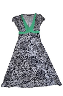My Michelle Dress Belted A Line Medium V neck Black White Green