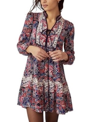 Anthropologie Paisley Mini Dress Sz S Boho Floral Long Sleeve Flowy Spliced