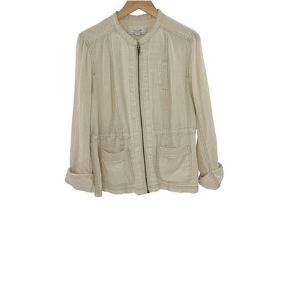 Caslon Womens Zip Up Jacket Top Size M Beige !00% Linen Size M Boho Preppy