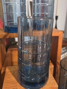 Vintage Anchor Hocking Cobalt Tartan Tumblers Set Of Four 6” Mid-century Modern 