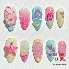 30Pcs Summer Starfish Press on Nails Medium Almond Fake Summer Fake Nails-4
