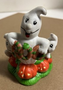 Vintage Ceramic Halloween Decor Featuring Ghosts And Pumpkins. Hand Painted, 4”