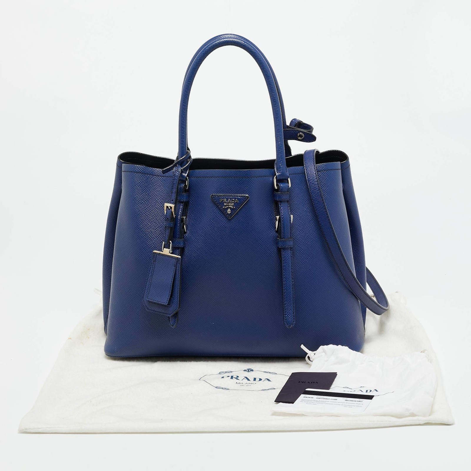 Prada Double Handle Medium Blue Saffiano Cuir Leather Tote thumbnail 9