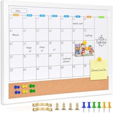 Monthly Whiteboard Calendar with Cork Board for Wall, 17"x13",Magnetic