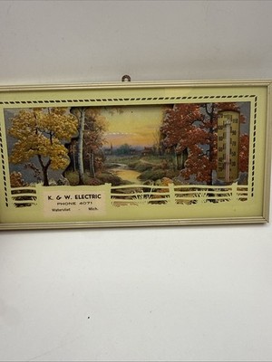 Vintage K&W Electric Watervliet MI Wall Thermometer Calendar Autumn Landscape