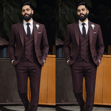 Wedding Men's Suit Burgundy Bridal 3Pcs Peak Lapel Formal Tuxedo Jacket