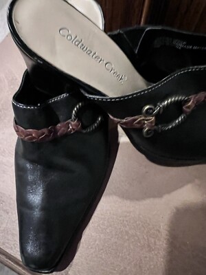 Coldwater Creek Womens Shoes Size 8 1/2 Black Leather Mules 2 1/2  Heel Western