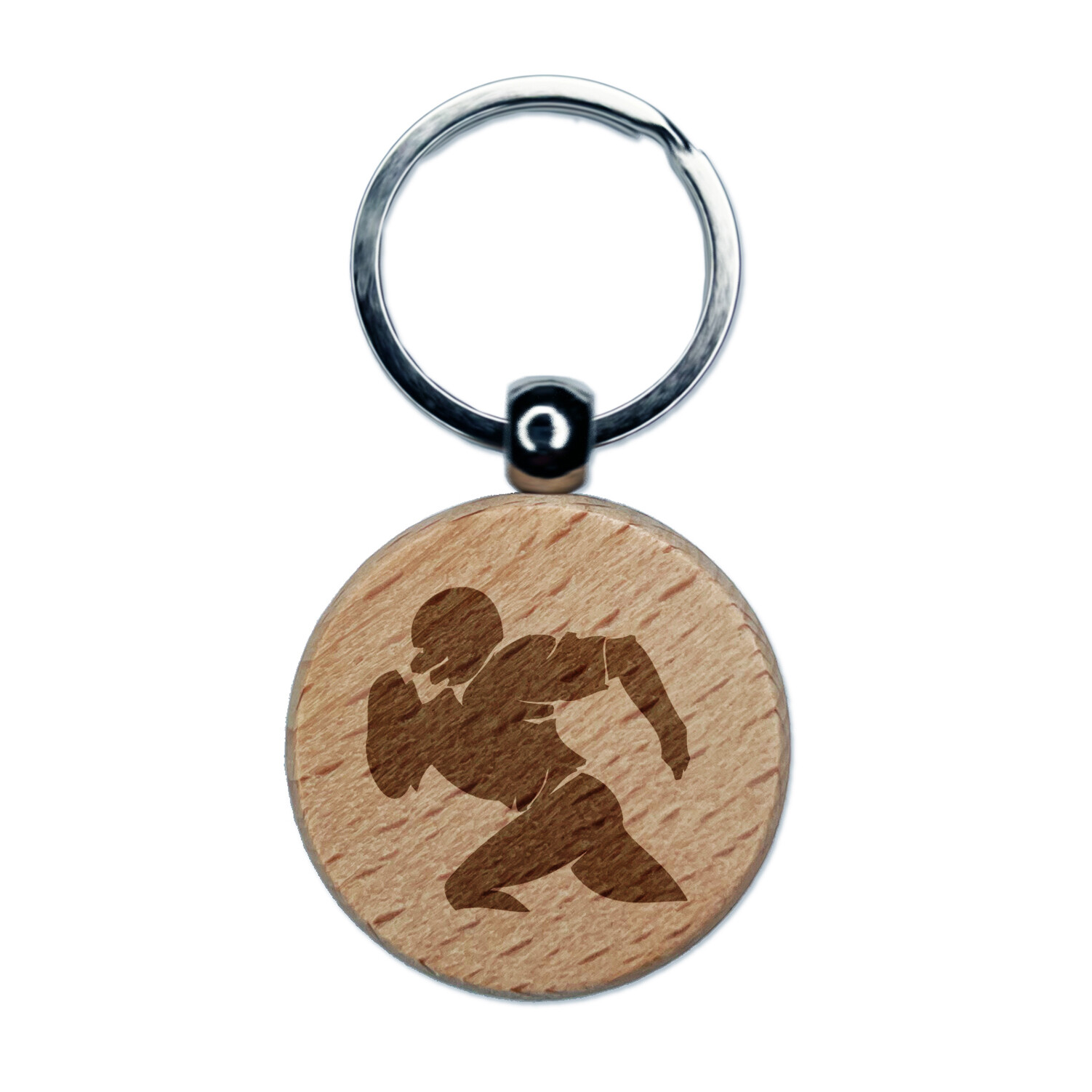 Football Player Running Solid Engraved Wood Round Keychain Tag Charm