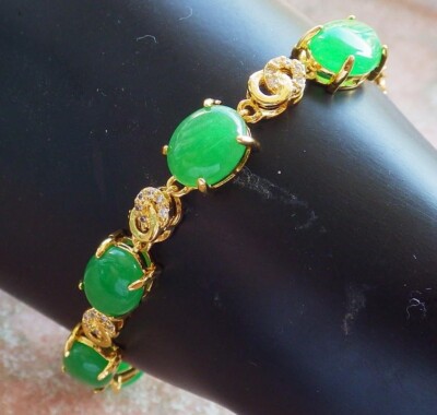 Yellow Gold Plate Green JADE Cabochon Beads Bead Bangle Bracelet