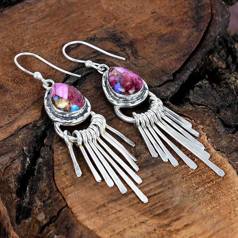 Pendientes colgantes/gotas Kingman rosa dalia turquesa piedras preciosas plata de ley 2,70" Foto 2 de 4