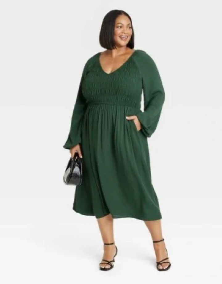 Women's Balloon Long Sleeve Smocked Midi Bodice Dress - Ava & Viv Green 2X