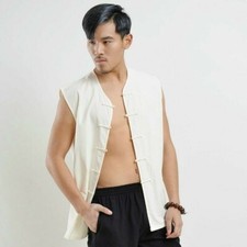 Men Chinese Kungfu Vest Tang Suit Sleeveless Martial Waistcoat Solid Tops Casual