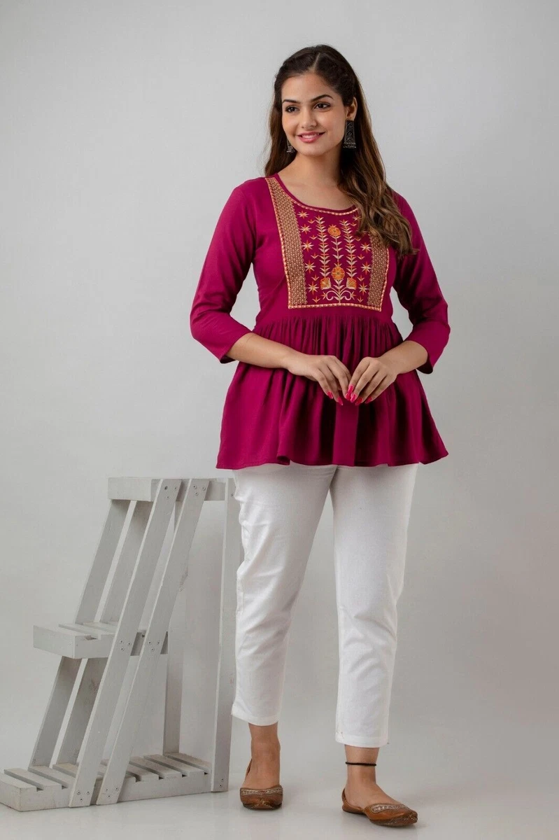 Women s Rayon embroidered Hip Length Formal Tops KRT036WINE
