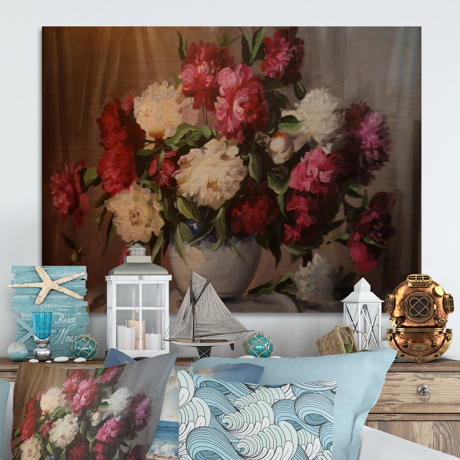 Designart 'Bouquet Of Blooming Peonies' Nautical & Coastal Wood Wall Art -