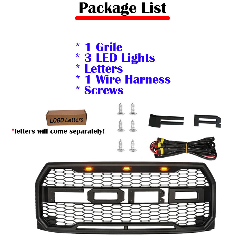 Raptor Style Front  Grille  Grill for 2015 - 2017 FORD F150 w/Letters/LED Lights