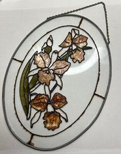 Vintage Stained GlassOval Sun Catcher Handpainted Flowers