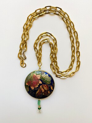 Vintage Chinese Cloisonne Flower Enamel Pendant on Brass Chain