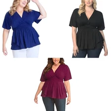 Plus Size V-Neck Banded High Waist Faux Wrap Kimono Sleeve Tiered Promenade Tops