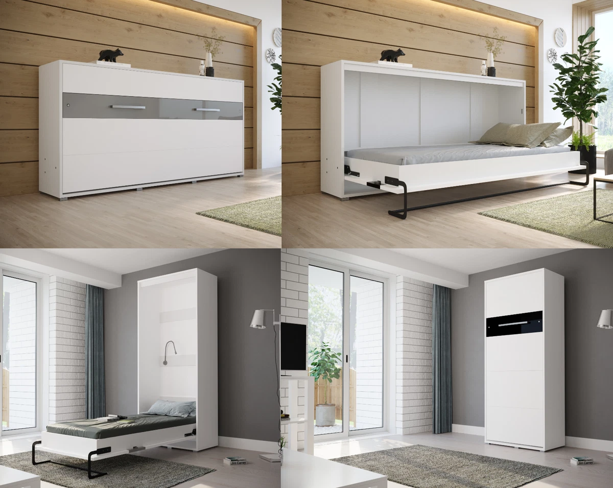 Single Horizontal Vertical Wall Murphy Bed HOMEY 90 x 200 cm Black White Oak