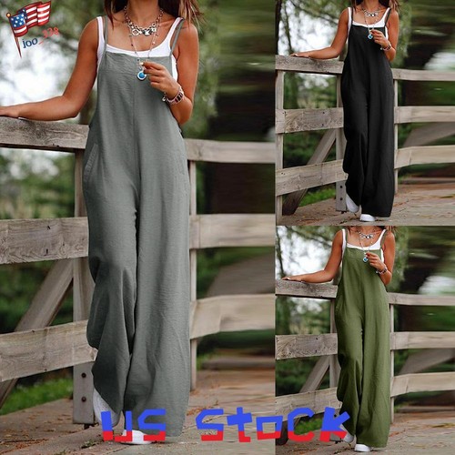 Womens Cotton Linen Jumpsuit Dungaree Baggy Loose Overalls Romper Pants Playsuit