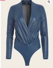 New Guess Marciano Hype Faux Leather Knit Trim Detail Long Sleeve Bodysuit S