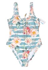 Cupshe NEW Floral / Striped Scalloped Lace Up One Piece Swimsuit Blue Pink Sz XL