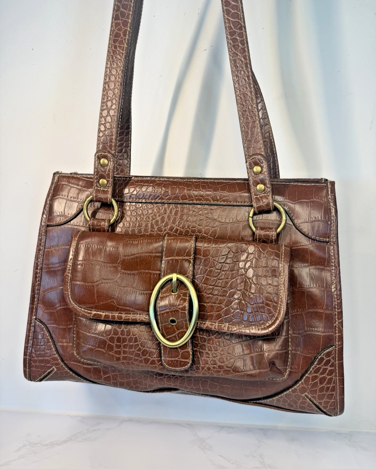 Vintage Y2K Brown Faux Crocodile Handbag Shoulder Bag Large Buckle