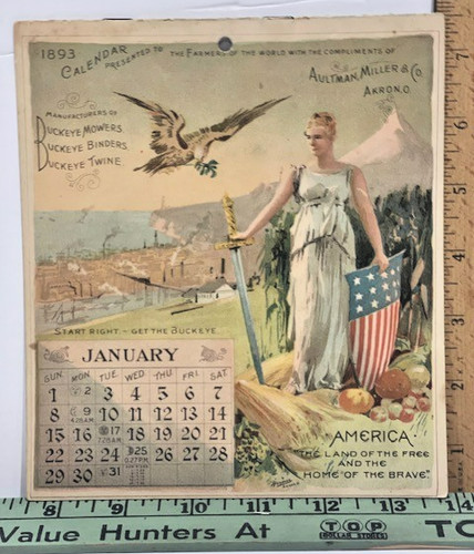 2413D ~ Aultman Miller & Co Buckeye Mower 1893 Calendar ~ Lady Liberty America