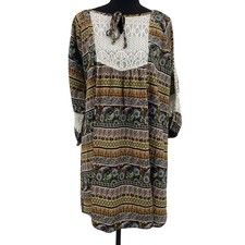 Umgee Womens Paisley Geometric Lace Accent Shift Dress Brown Multi Small Boho