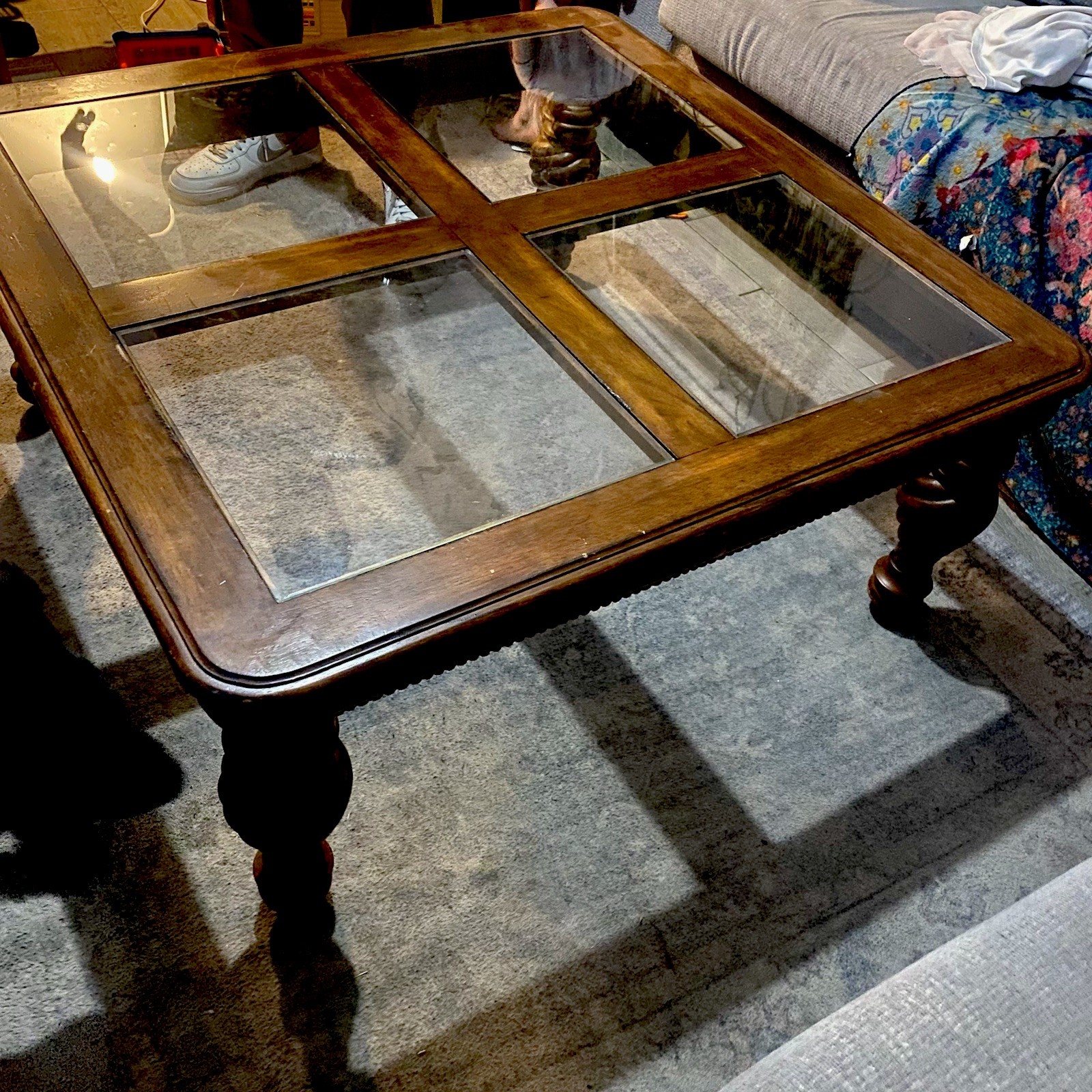 Square Medium Wood Tone Coffee Table, 4 pc. Glass Top, Twisted  Legs Brown