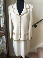 St John Evening Marie Gray Size 10 Bright White Gold Knit Jacket Dress Set 62406