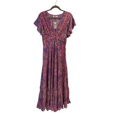 Bohemian Paisley Print Pink Colorful Maxi Dress V Neckline Flowing Medium NEW