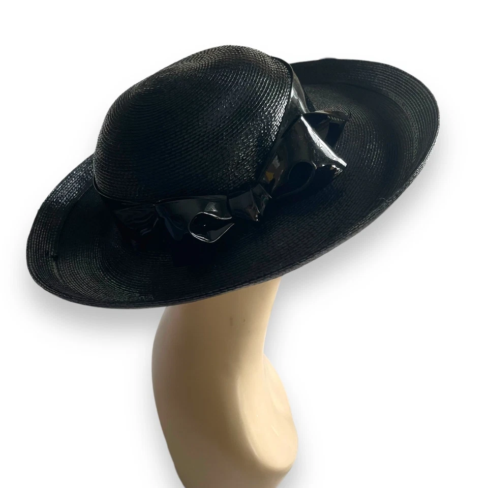 Vintage Black Straw Platter Hat Shiny Patent Leather Ladies Wide Brim 1980’s Bow - Image 2 of 4