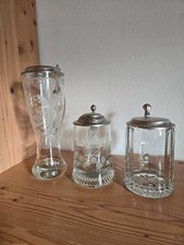 3 Kristallglaskr&uuml;ge mit Zinndeckel und Gravierung