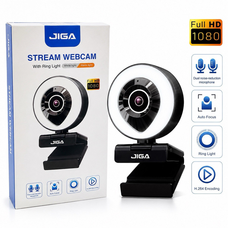 JIGA Stream Webcam 1080p with Ring Light, Autofocus, Built-In Microphone