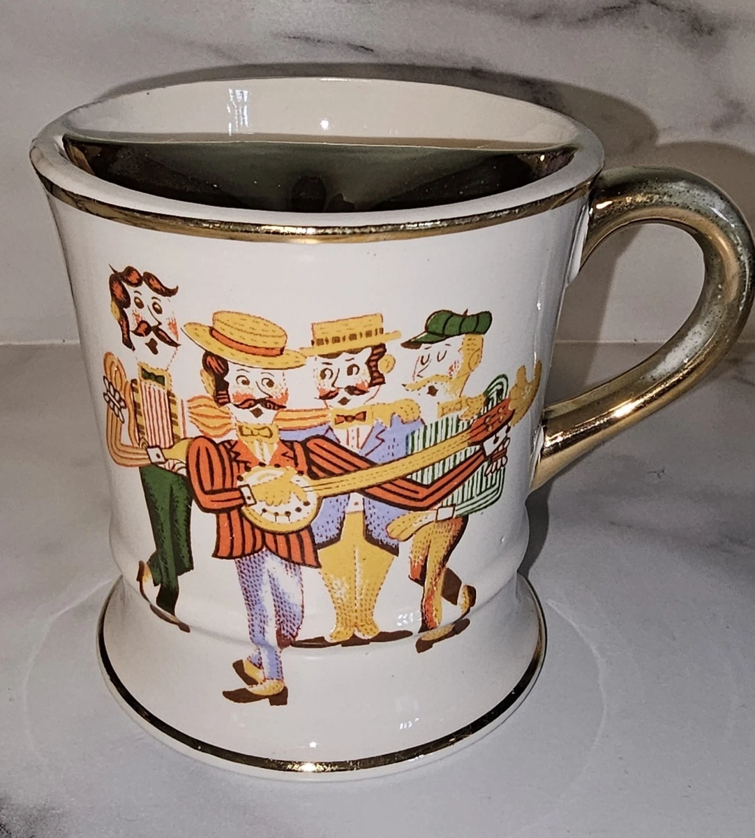 Enesco Barbershop Quartet Ceramic Mustache Mug Gold Trim Vintage