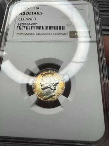1929 S  10C MERCURY SILVER NGC AU DETAILS Gorgeous Album Toned