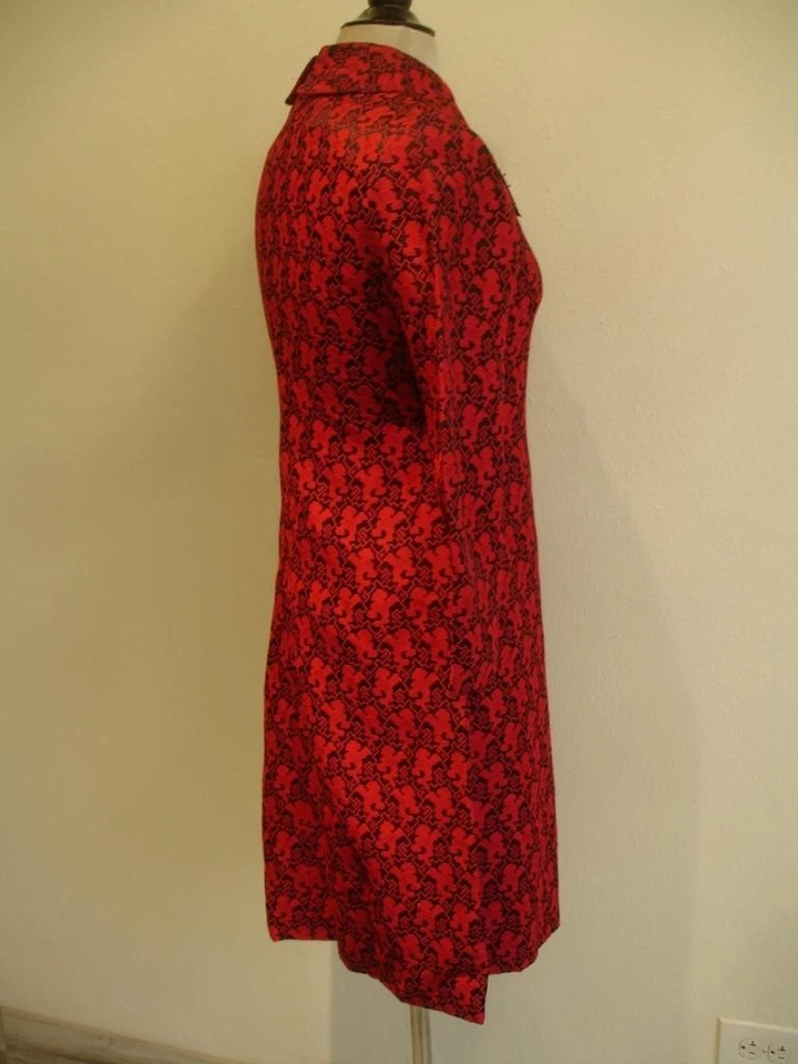 Women's S M Vtg 1960's Adele Simpson Red Black Brocade Dress Bow Union Made USA - Image 3 of 4