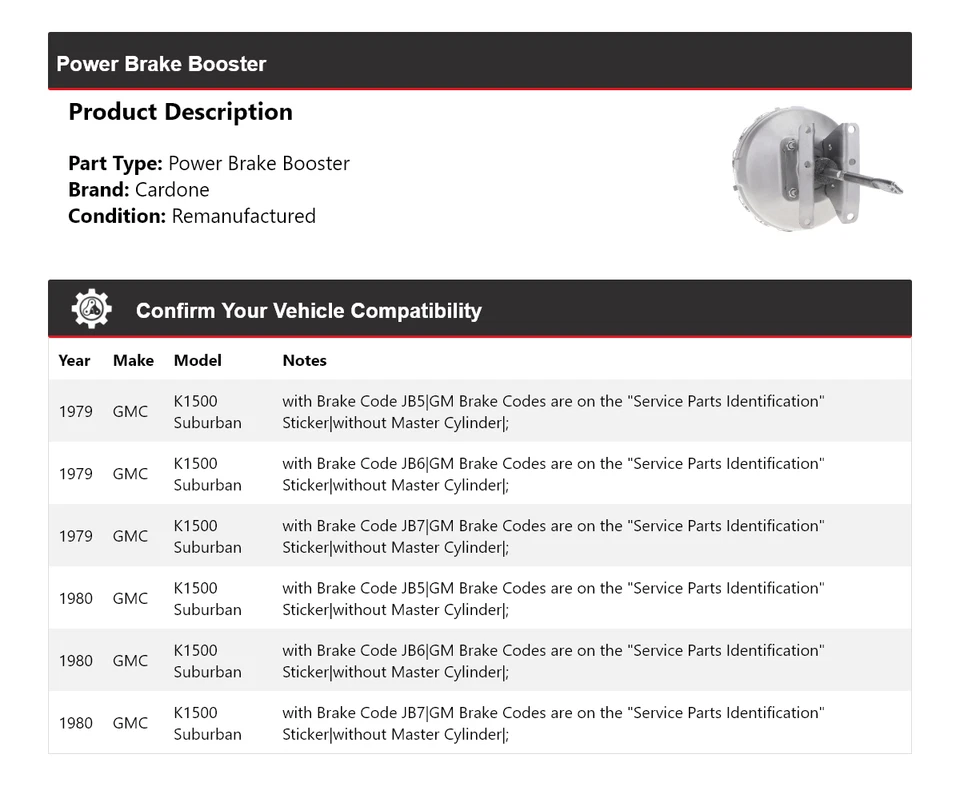 Para GMC K1500 1979-1980 Suburban Power Brake Booster Cardone Foto 2 de 4