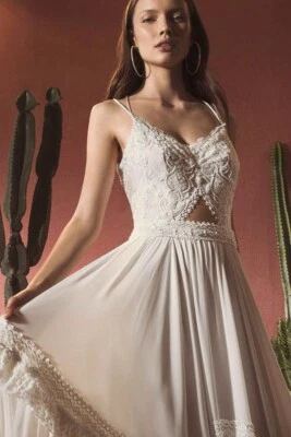 Boho Brautkleid Hochzeitskleid Beach Spitze Aufkleber Weiß Ivory 38 40 42 44 - Bild 1 von 4