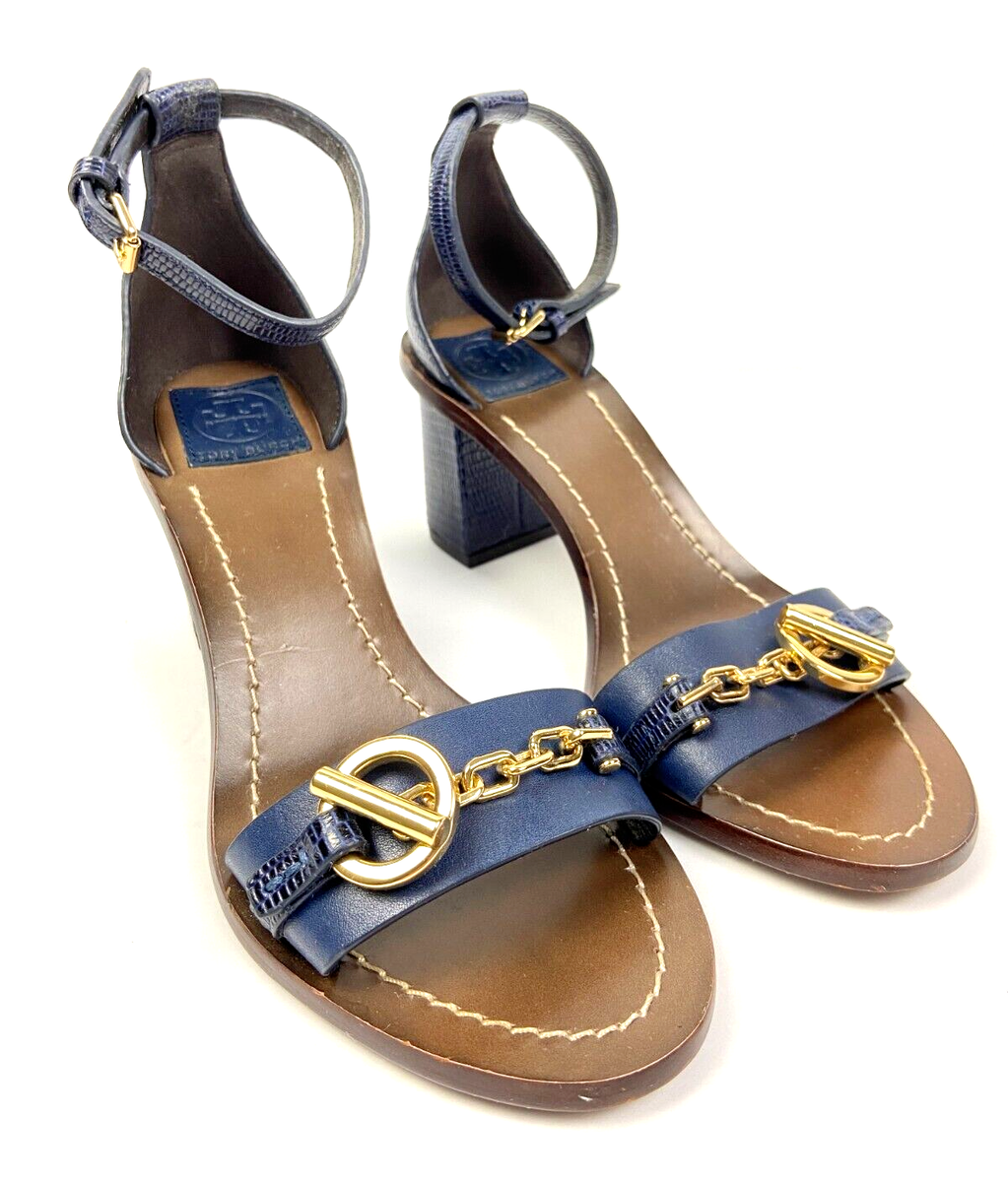 Tory Burch Navy Blue Leather Gold Buckle Block Heels Open